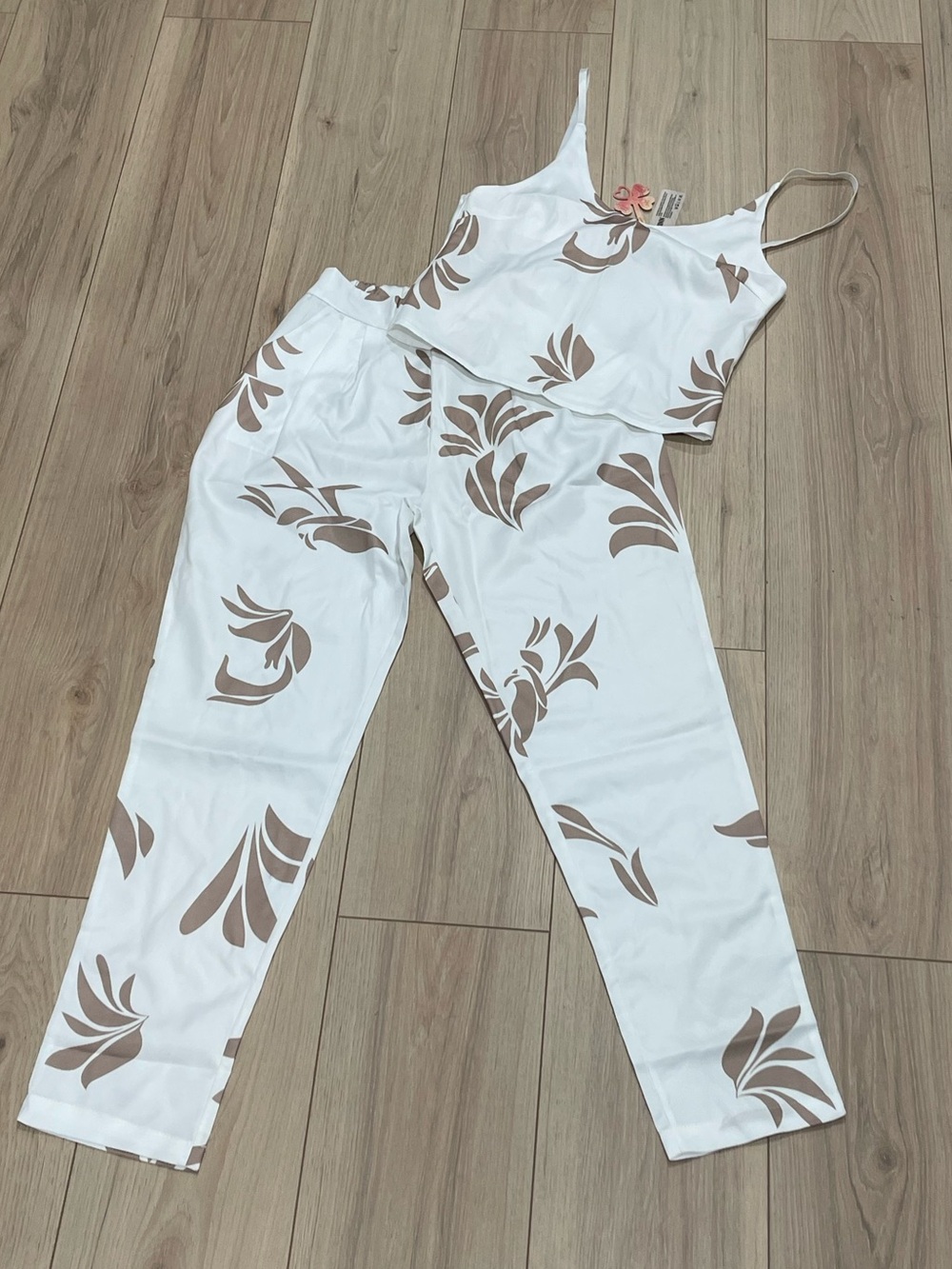 White Two-Piece Set with Tan Floral Print